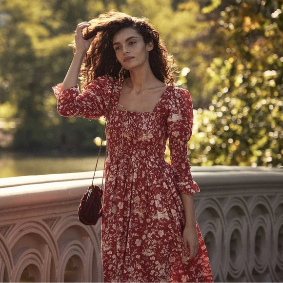 DOEN Bijou Oak Bluffs Red Floral Print Midi Dress Women's Size Small - Picture 2 of 10